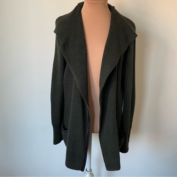 White+Warren Cotton Knit Army Green Black Quilted Leather Yoke Sweater Jacket M - Picture 2 of 9